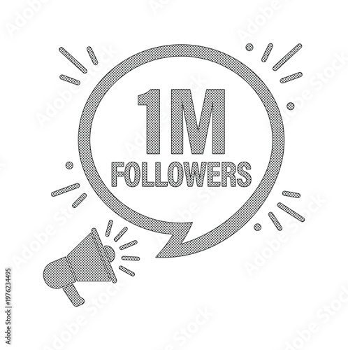 1M Followers celebration vector icon, social media milestone announcement with megaphone, one million followers achievement badge in speech bubble