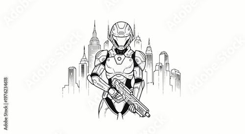 Futuristic armored warrior with advanced weaponry stands before city skyline