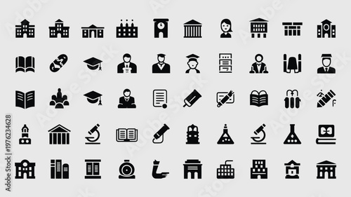 Set of 50 Education and University Black Glyph Icons Vector