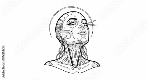 Futuristic biomechanical female bust with piercing gaze and halo