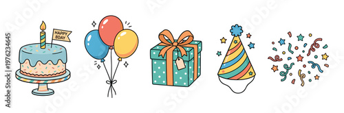 Birthday cake, balloons, gift, party hat, and colorful confetti create a delightful collection of festive celebration elements in a charming doodle style.