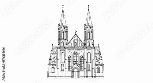 Frontal view sketch of a large, ornate church with twin spires and detailed facade