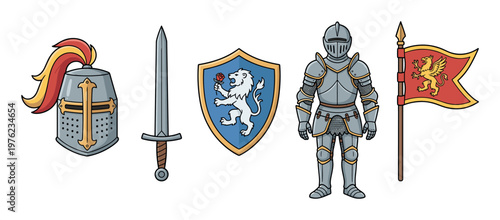 Medieval knight armor, helmet, sword, shield, and flag collection representing historical warfare and chivalry in a colorful cartoon style.