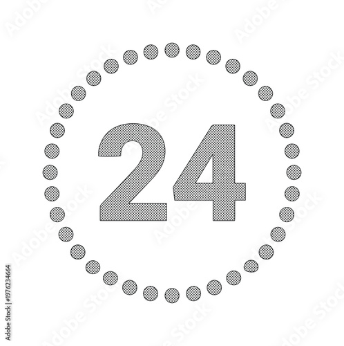 Minimalist 24 hours icon vector, grey number twenty four in dotted circle, service availability symbol for business and logistics support