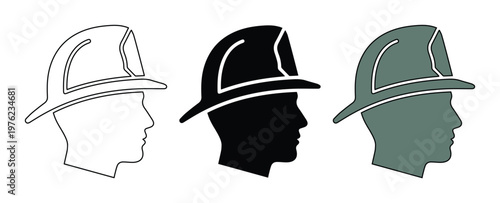 Firefighter head profile vector set, fireman wearing traditional helmet icons, emergency responder silhouette in black and grey colors