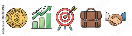 Business and finance icons representing success, growth, and partnership goals are visually depicted in a clear and engaging illustration for financial concepts.