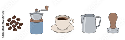 Essential coffee making tools and ingredients for brewing delicious beverages, including roasted beans, a manual grinder, a cup of coffee, a milk pitcher, and a tamper.