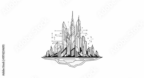 Futuristic city skyline with circuit-like connections floats in space