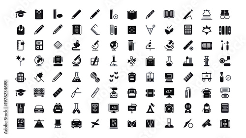 Set of 100 Education and Science Glyph Icons Vector