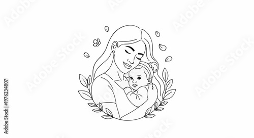 Mother gently cradles baby, surrounded by leaves and delicate flower petals