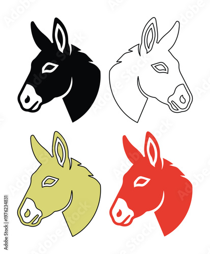 Donkey head silhouette vector set, minimalist mule profile icons in black red and gold, farm animal mascot illustrations for logo design