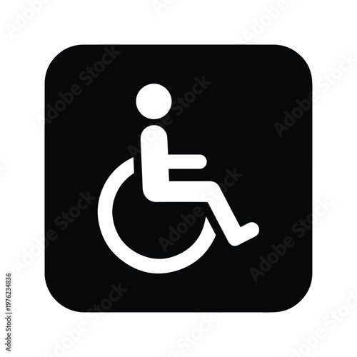 Handicap accessibility symbol vector, wheelchair user icon in black square, universal disability access sign for public navigation and wayfinding