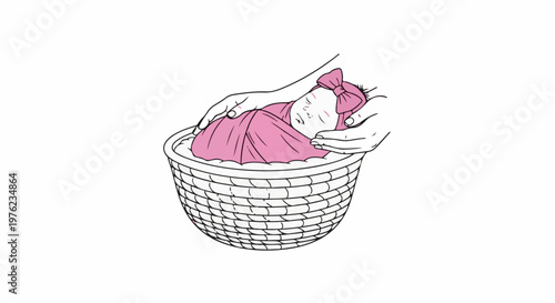 Gentle hands cradle a sleeping baby adorned with a pink bow in a woven basket
