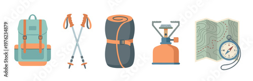 Camping and hiking gear essentials including a backpack, trekking poles, sleeping bag, portable stove, map, and compass for outdoor adventures.