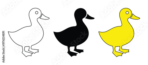 Minimalist duck icon set, three flat vector bird silhouettes in black, yellow, and outline styles, simple farm animal graphics for logos