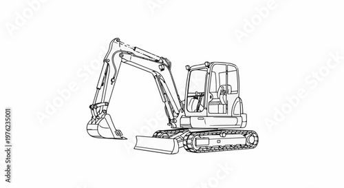 Line art drawing of a compact tracked excavator with a front blade