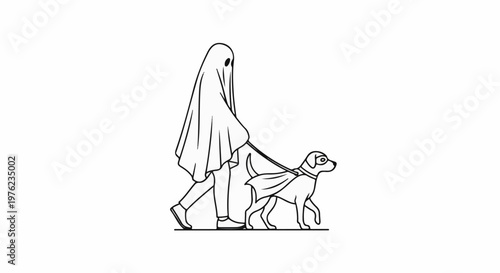 Ghost walks dog in superhero costume on leash against white background
