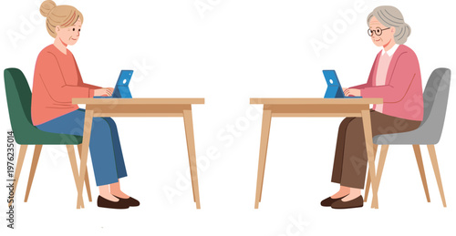 Women Using Laptop at Desk Vector Illustration Set with Young and Senior Female Characters Working on Computer Isolated on Background