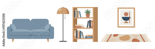 Modern living room furniture and decor elements, including a comfortable sofa, floor lamp, bookshelf, abstract art, and a stylish rug, arranged in a contemporary flat illustration style.