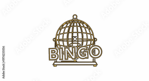 Golden bingo cage with a single ball inside, resting on a stand