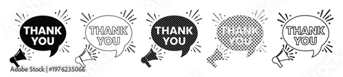 Thank you speech bubble set with megaphone, comic style appreciation labels in black and white, 5 vector elements for customer feedback