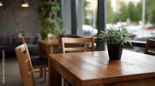A modern brightly lit cafe corner featuring a wooden table with a potted plant and a clear view of the city outside