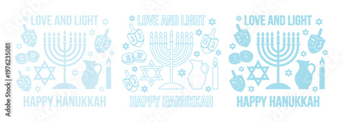 Hanukkah greeting card vector set, light blue Jewish holiday icons with menorah and dreidel, Love and Light Happy Hanukkah typography collection