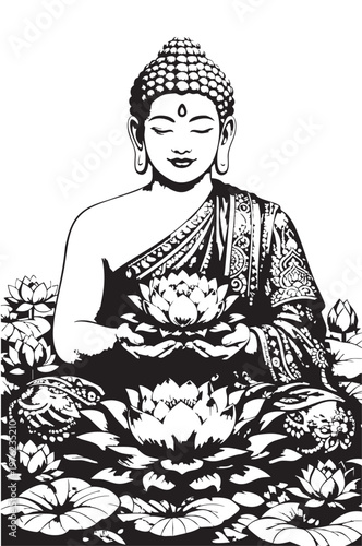 Lotus Serenity – Meditative Buddha in Black & White. A peaceful black‑and‑white illustration of a meditative Buddha holding a blooming lotus, surrounded by lotus flowers. Intricate patterns and calm e