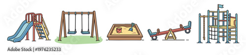 Playground equipment set including a slide, swings, sandbox, seesaw, and climbing frame, designed for children's outdoor fun and recreation.