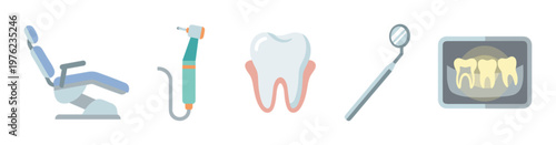 Dental equipment and tools including a chair, drill, tooth, mirror, and x-ray are essential for modern oral health care and hygiene.
