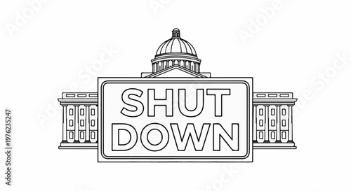 Government building with a "SHUT DOWN" sign in front, depicting closure