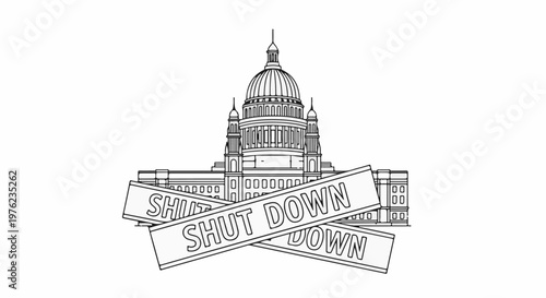 Government building with banners proclaiming "Shut Down" across its facade