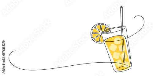 Glass of lemonade, or cocktail with lemon. Continuous line drawing.
