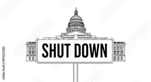 Government building with "SHUT DOWN" sign