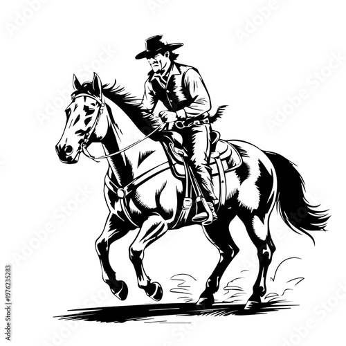 Retro styled illustration of a cowboy performing daring tricks atop a galloping horse dynamic scene