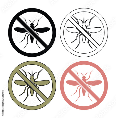 Anti mosquito warning signs set, 4 vector icons with crossed out mosquito silhouettes, insect repellent and pest control symbols for health safety
