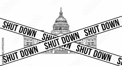 Government building with "SHUT DOWN" tape across it