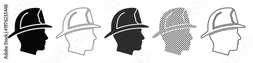Firefighter helmet icons set, firefighter head profile vector collection, emergency responder safety gear symbols, black and white fire department graphics
