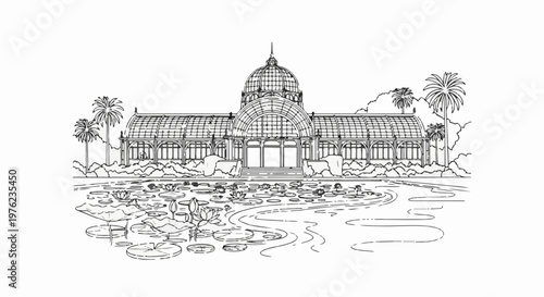 Grand greenhouse with dome and lily pond, framed by palm trees
