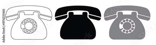 Vintage rotary telephone icons set, retro landline phone vector illustrations, antique analog telecommunication symbols in black and grey
