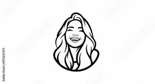 Graphic illustration of a joyful woman with flowing hair, smiling broadly