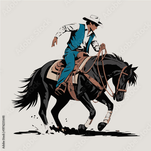 Retro styled illustration of a cowboy performing daring tricks atop a galloping horse dynamic scene