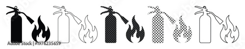 Fire extinguisher icon set with flame symbols, black and white emergency safety vector graphics, 5 fire protection equipment icons for signage