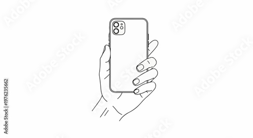 Line art illustration of a hand holding a mobile phone