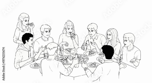 Group of friends enjoying a pizza party, sharing food and drinks at a table