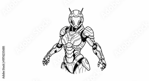 Line art illustration of a humanoid robot in futuristic armor with antennae