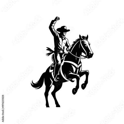 Retro styled illustration of a cowboy performing daring tricks atop a galloping horse dynamic scene