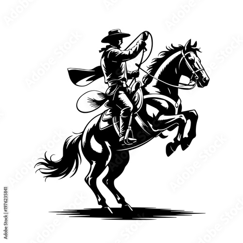 Retro styled illustration of a cowboy performing daring tricks atop a galloping horse dynamic scene