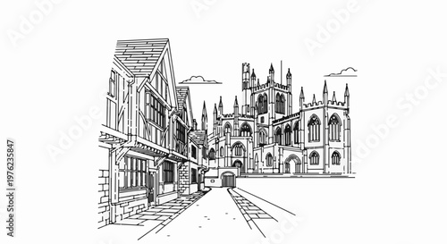 Line art illustration of an old town street leading to a large cathedral