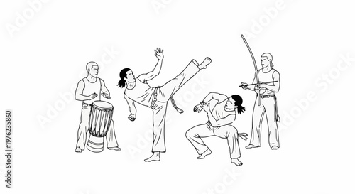 Line art illustration of capoeira practitioners and musicians in action